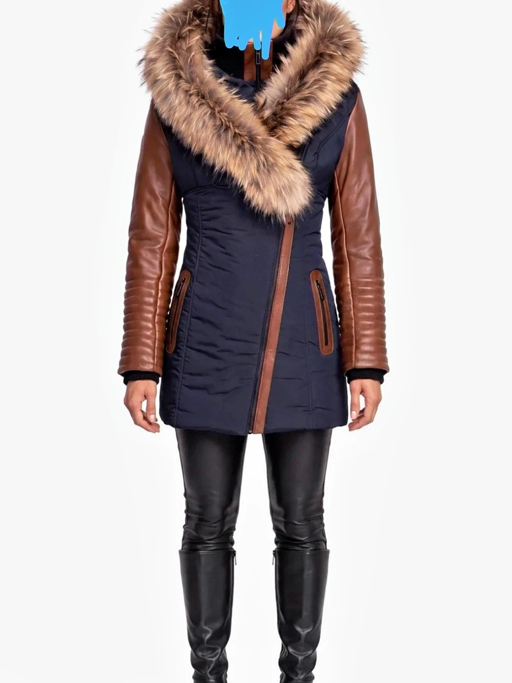 Women's Faux Fur Trim Puffer Coat Black & Brown Like New